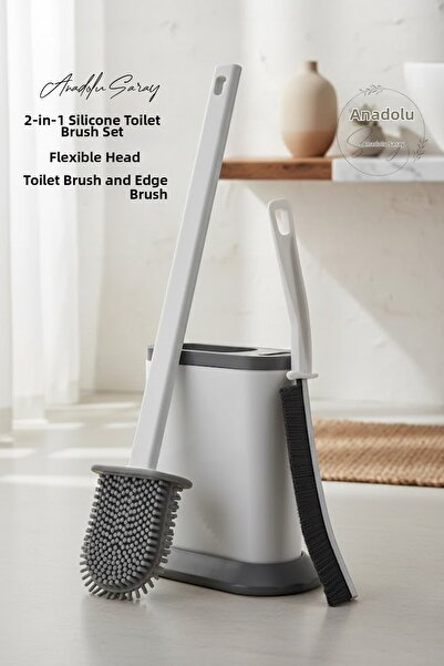 Anadolu Saray Hygienic 2-Piece Silicone Toilet Brush Set – Flexible Head and Edge Brush
