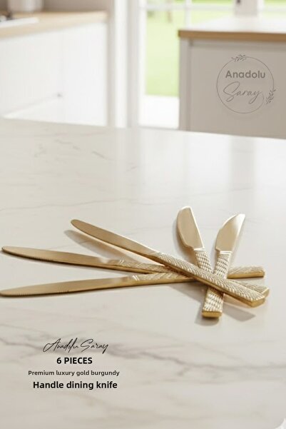 Anadolu Saray Premium Gold Twisted Handle Stainless Steel Dinner Knife Set 6 Pieces Stylish Flatware
