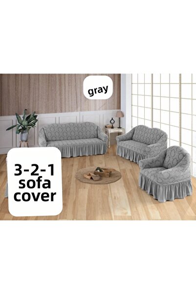 ARTUÇ غطاء كرسي كامل التغطية بنمط شال جاكار (3-2-1) مع تنورة (رمادي)