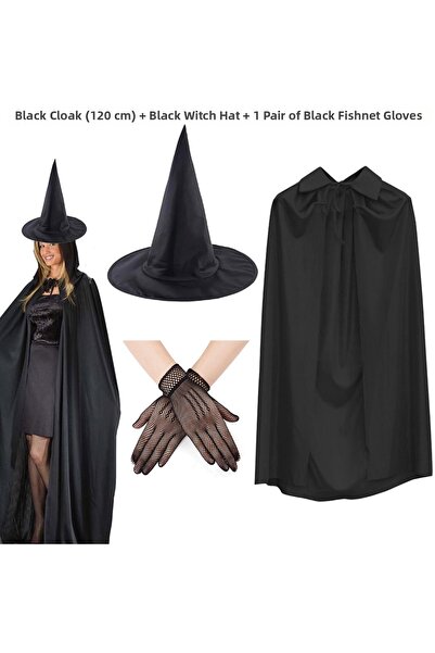 inci tasarım45 120cm Black Collared Witch Cape Witch Hat and 1 Pair Black Sho...