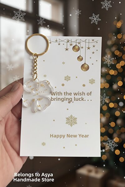 Boncuk işi New Year's Gift Card Keychain 15 Pieces Gold Detailed Clover New Y...