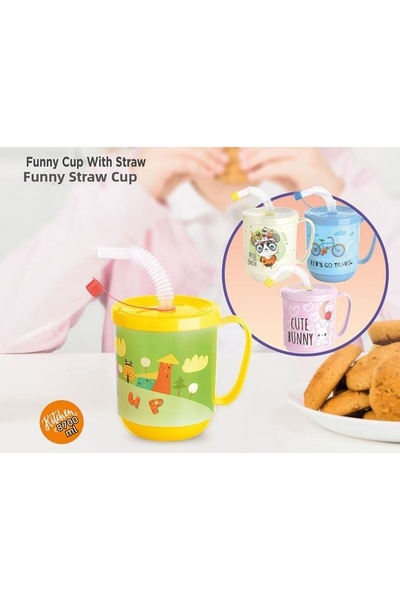 Ethab Ticaret Funny Children's Beverage Glass with Straw Patterned Cup 350ml