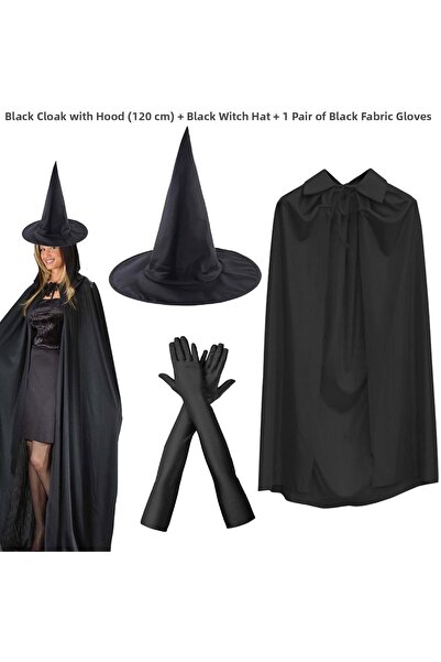 Fırsatkolik 120 cm Black Collared Witch Cape Witch Hat and 1 Pair Black Fabri...