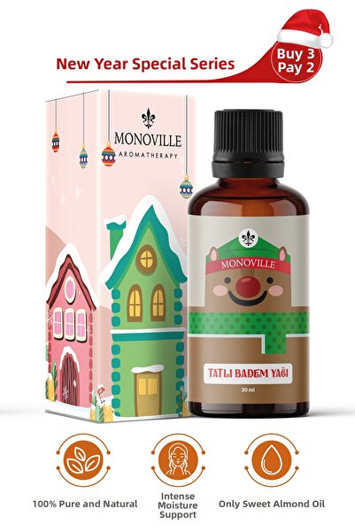 Monoville Sweet Almond Oil 30 ml Cold Pressed 100% Pure and Natural New Year Gift (Sweet Almond Oil)