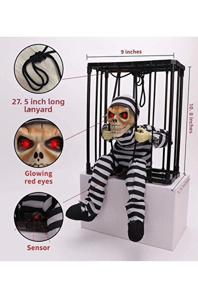 Skygo جمجمة سجين تبدو متحركًا مع ديكور بهيكل عظمي بمستشعر صوتي مقاس 22 × 27 سم