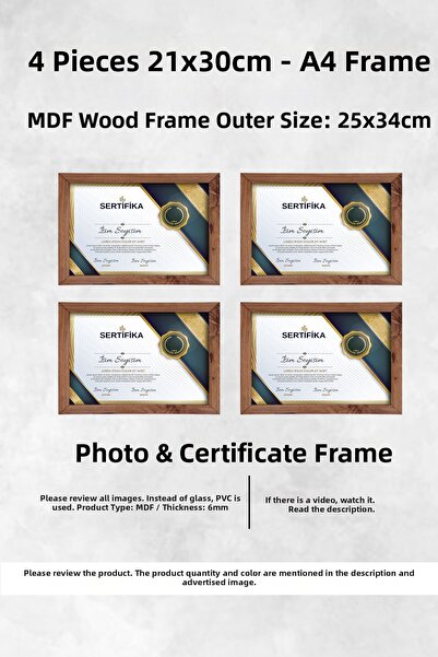 YEDİART 4 Pieces 21X30 Frame - Mdf Frame - Photo Frame - A4 Diploma Frame - C...