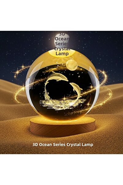 CT STONES مصباح ليلي على شكل كرة كريستالية بتصميم دولفين مع قاعدة خشبية مضيئة...