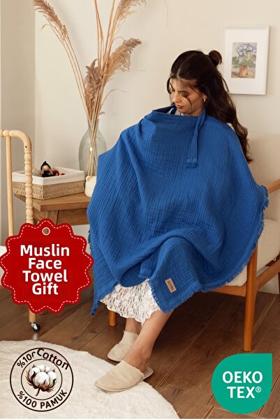 ZEYPBA غطاء رضاعة من الموسلين بأربع طبقات من إنديجو وغطاء عربة أطفال من الموسلين مع شراشيب، مقاس 90×110 سم، 100% قطن