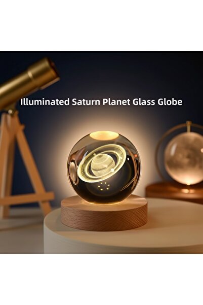 CT STONES Lampă LED cu sferă de cristal Saturn Planet, cu suport din lemn USB