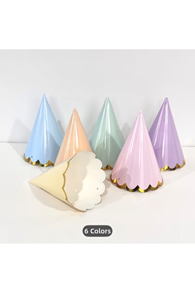 Partifabrik 6 Pieces Macaron Colors Gilded Birthday Party Hat Can Be Attached to Small Plush Toys 13-9 cm