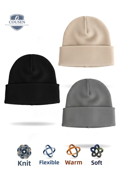 Cousen Set de 3 căciuli UNISEX BASIC, negru, gri, bej, pliabile și elastice