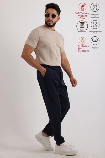 Oyga Men's Ribbed Zinox Fabric T-Shirt & Zippered Double Fabric Trousers Set