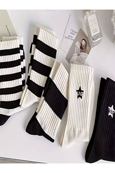 Sky Socks Economic Pack of 5 Black-White Striped Patterned Unisex Tennis Socks Set