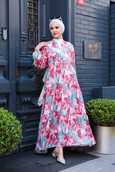 LOCCO Дамска рокля с мотив на листа, цвят фуксия