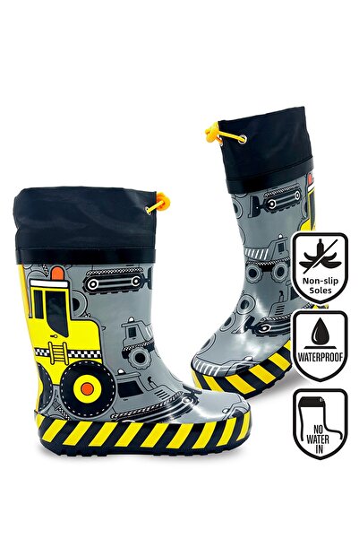 Denokids Construction Vehicles Boys Gray Rain Boots