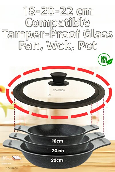 Comprox غطاء وعاء زجاجي عالمي Ø 18، 20 و22، غطاء زجاجي بحواف سيليكون متدرجة، غطاء وعاء
