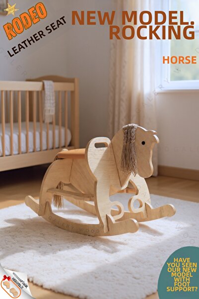 Galery Wood حصان خشبي متأرجح بمقعد جلدي ودعم للقدم (موديل جديد)