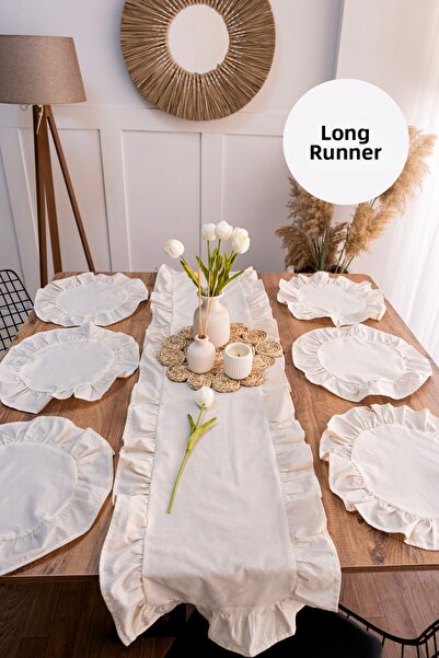 Morlay طقم أدوات مائدة مكشكشة مكون من 7 قطع، 6 أطباق تقديم أمريكية + 1 مفرش مكشكش - 40x150 سم