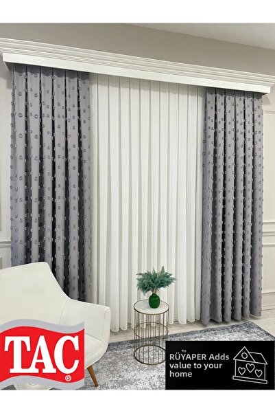 Taç Dream Grey Color Pompom Pufy Background Curtain 1/3 Sik Pleat
