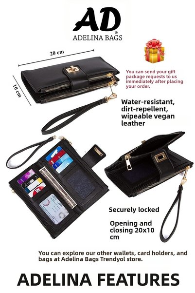 Adelina Bags Women's Black Venesia Paper Coin and Card Holder Portfolio Wallet with Lock and Wrist Strap