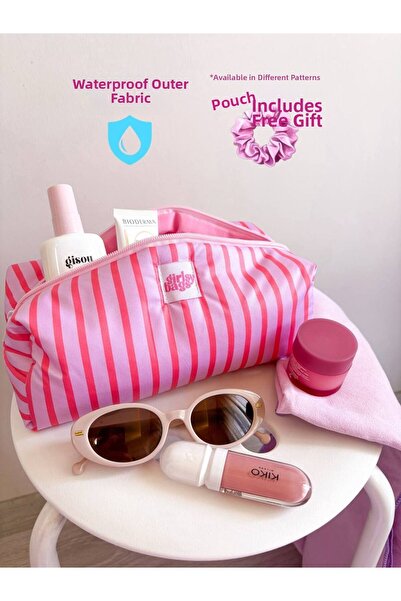 girlsybags حقيبة مكياج مقاومة للسوائل مخططة باللون الوردي، حقيبة مستحضرات تجميل للشاطئ وحمام السباحة، قابلة للغسل، مقاس كبير