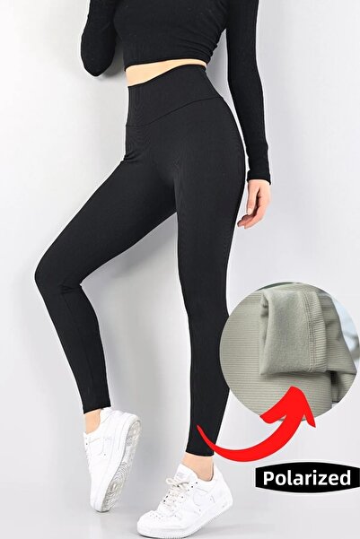 Livik Colanți pentru femei Sara negri cu talie foarte înaltă, fitilați și căptușiți cu polar