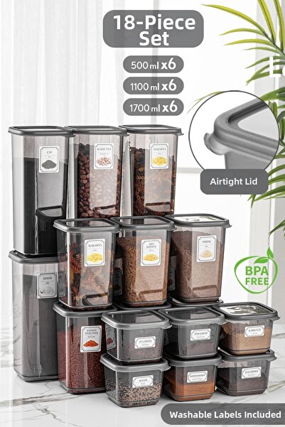 Meleni Home مجموعة من 18 حاوية تخزين طعام مربعة بغطاء أنثراسايت 6x (0.50 لتر - 1.10 لتر - 1.70 لتر) وعاء توابل مع ملصقات