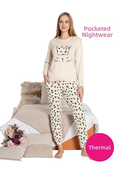 GUAVA+ Γυναικείο σετ πιτζάμες με μακρυμάνικο μπεζ λαιμόκοψη χωρίς κουμπιά, χε...