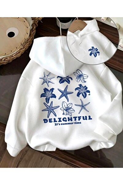 Elvino سويت شيرت نسائي أبيض كبير الحجم بطبعة نجم البحر والزهور بثلاث خيوط