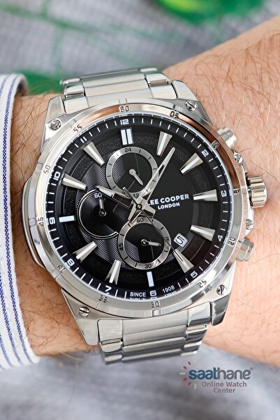 Lee Cooper ساعة يد رجالية باللون الأسود والفضي مع تقويم وساعة توقيت LC07254.350