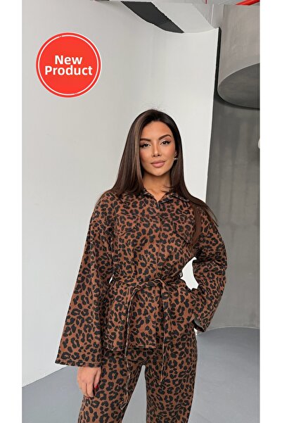 Perryes Σετ τζιν με δέσιμο με λεοπάρ μοτίβο Oversize μπουφάν και παντελόνι