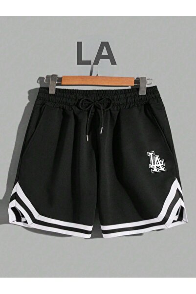 DEEPSENCE Pantaloni scurți din bumbac pieptănat negru pentru bărbați - Antraman cu dungi pentru bermude sportive, baschet și alergare fitness