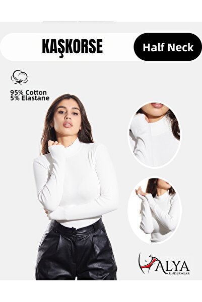 ALYA UNDERWEAR قميص داخلي من الليكرا المضلع - نصف الحلق، أبيض