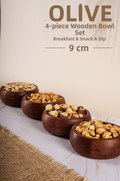 Fhilli زيتون - وعاء الوجبات الخفيفة الخشبي المستدير 9 سم، 4 قطع