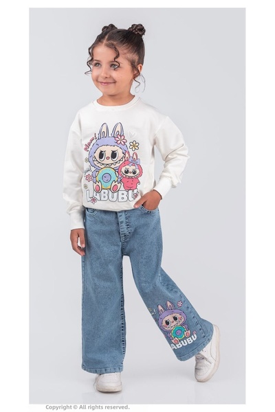 LİLLYPİCCA Girl's 2-Piece Set Printed Sweatshirt Wide Leg Jeans with Elastic ...