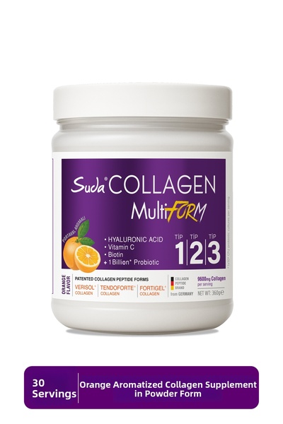 Suda Collagen مسحوق الكولاجين متعدد الأشكال بنكهة البرتقال - النوع I-II-III، فيتامين C، البيوتين، حمض الهيالورونيك |   360 جرام