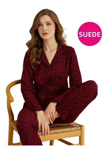 bie's Sada saténového pyžama Bordo Leopard Print - Košilový límec, Přední kno...