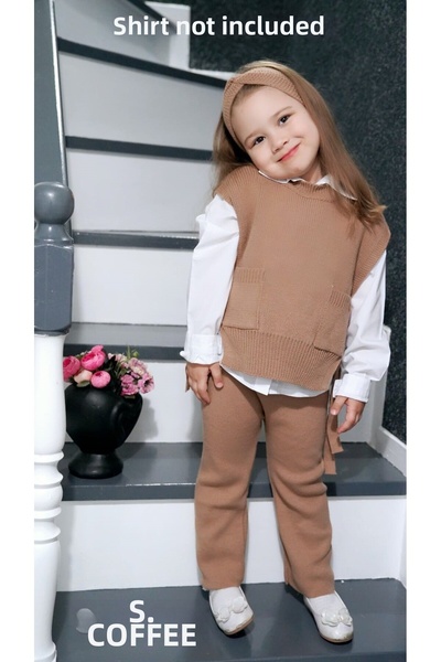 Meriç bebe Set de tricotaje din 3 piese pentru fete la modă, cu bandă de păr, pantaloni, părți deschise și pulovere cu detalii de cravată