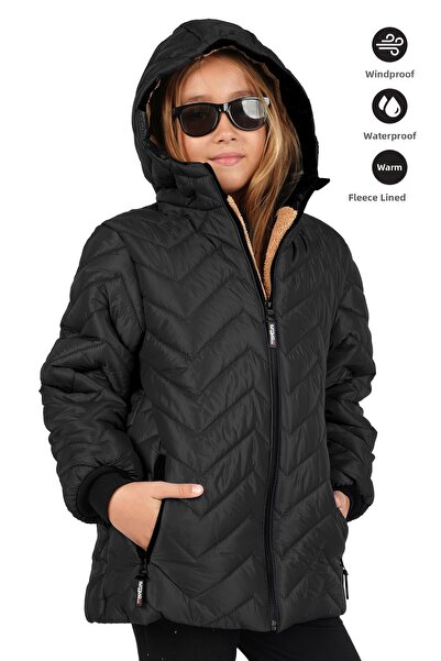 Merdia Girl's Water and Windproof Fur Lined Hooded Coat with Zigzag Pattern