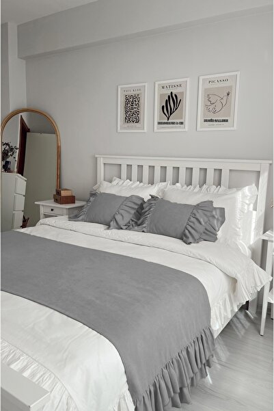 RİTMOHOME طقم مفرش سرير ووسادة رمي مبطنة مقاس مزدوج باللون الرمادي المكشكش، المهر، أغطية السرير