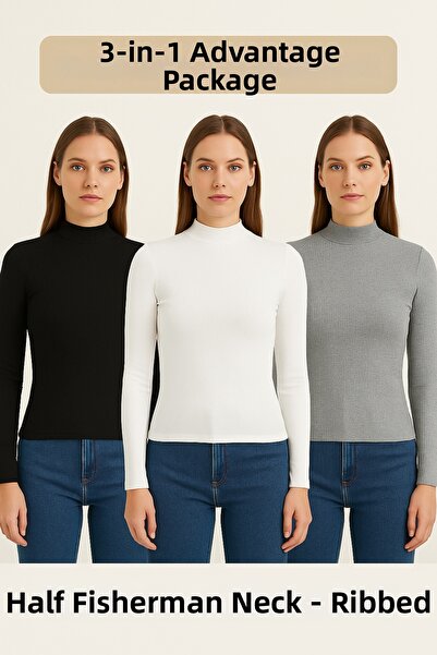 buğlem collection بلوزة نسائية نصف ياقة مدورة، 3 قطع، كم طويل، مقاس نحيف أساسي