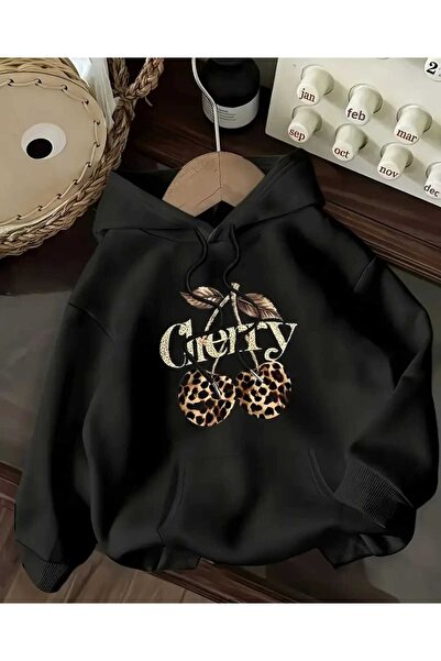 caddekombin Černá mikina s kapucí a kapsami s leopardím vzorem a potiskem třešní