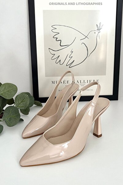 POLKA STORE سبارك براءات الاختراع والجلود البيج عارية الجلد وأشار اصبع القدم مفتوحة الظهر خنجر فستان سهرة كعب أحذية نسائية