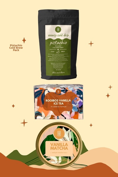 Mim and More مجموعة فانيليا جاردن - تقطير بارد سهل بالفستق، شاي رويبوس بالفانيليا المثلجة، مجموعة ماتشا الفانيليا مكونة من 3 قطع