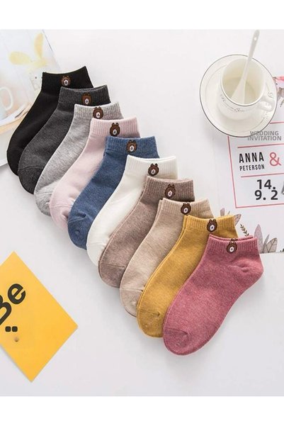 HANKARAYEL Teddy Bear Patterned Women's Soft Colors Combed Cotton Short Booties Socks 7'Pair