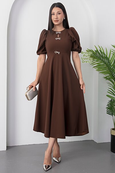 PULLIMM Balloon Sleeve Chest Stone Detailed Crepe Dress Grs3578