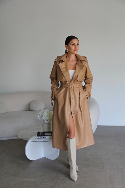 Julidress Trench lung din piele premium, cu centură căptușită