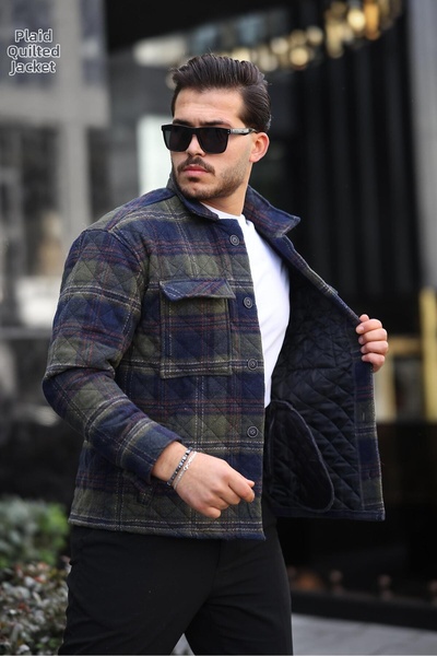 Miron Khaki Navy Blue kostkovaná prošívaná detailní bunda Regular Fit-2454