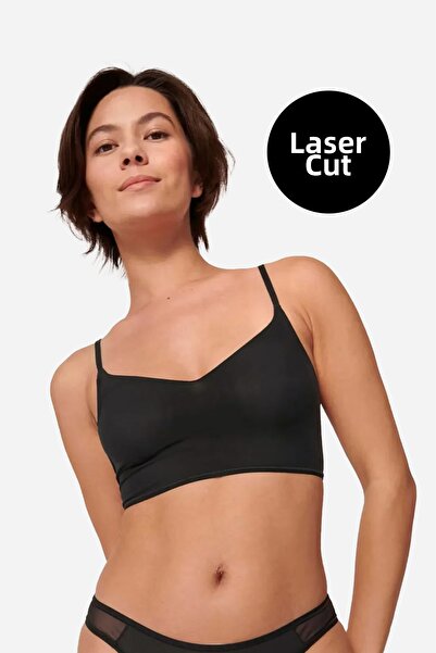 ALEXANDER HUD Sutien din bumbac pieptănat cu bretele subțiri negre Crop Busti...