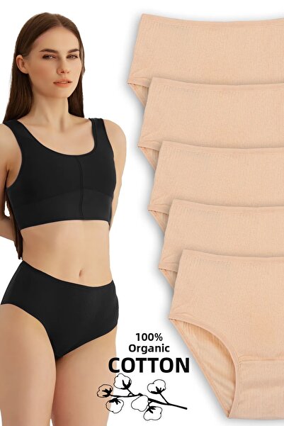 Humaone سراويل داخلية نسائية مصنوعة من القطن بنسبة 100% مكونة من 5 قطع عالية الخصر ومضلعة